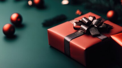 Elegant Red Gift Box with Glittery Bow, Christmas Festive Still Life.