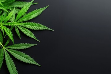 Vibrant Cannabis Leaves on Black Background: Botanical Texture and Contrast