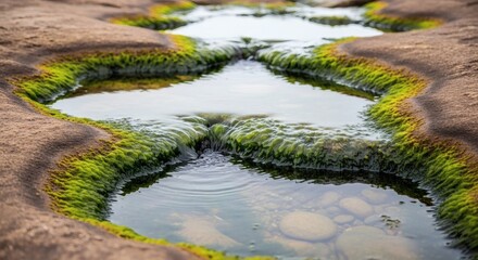 Shallow pools of water collect on a rocky surface, lined with vibrant green moss, creating a tranquil and miniature ecosystem on the stone.