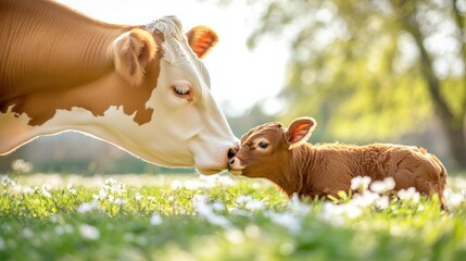 Tender Moment: Cow and Calf Nuzzle in Sun-Drenched Meadow