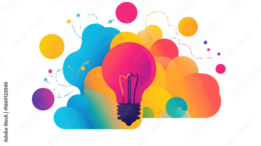 Poster bright and colorful abstract design featuring light bulb surrounded by vibrant shapes and patterns, 
