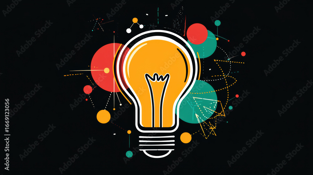 Poster bright light bulb icon symbolizes creativity and idea generation, surrounded by colorful abstract sh