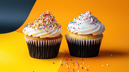 Two Delicious Cupcakes with Sprinkles on a Vibrant Background