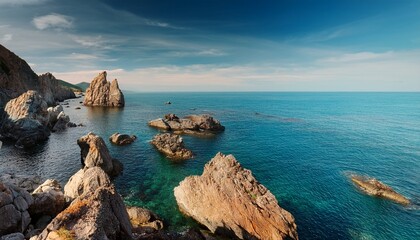 scenic oceanfront with jagged rocks and tranquil waters