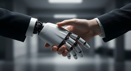 A conceptual image of artificial intelligence and human collaboration, showing a robotic hand shaking hands with a human hand, captured close-up with soft glowing light.