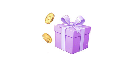 Fototapeta premium Purple Gift Box with Gold Coins and Stars Reward, Surprise, Bonus