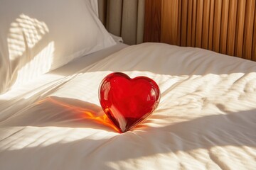 Radiant Red Heart on Bed: Romantic Sunlight, Love, and Serenity.