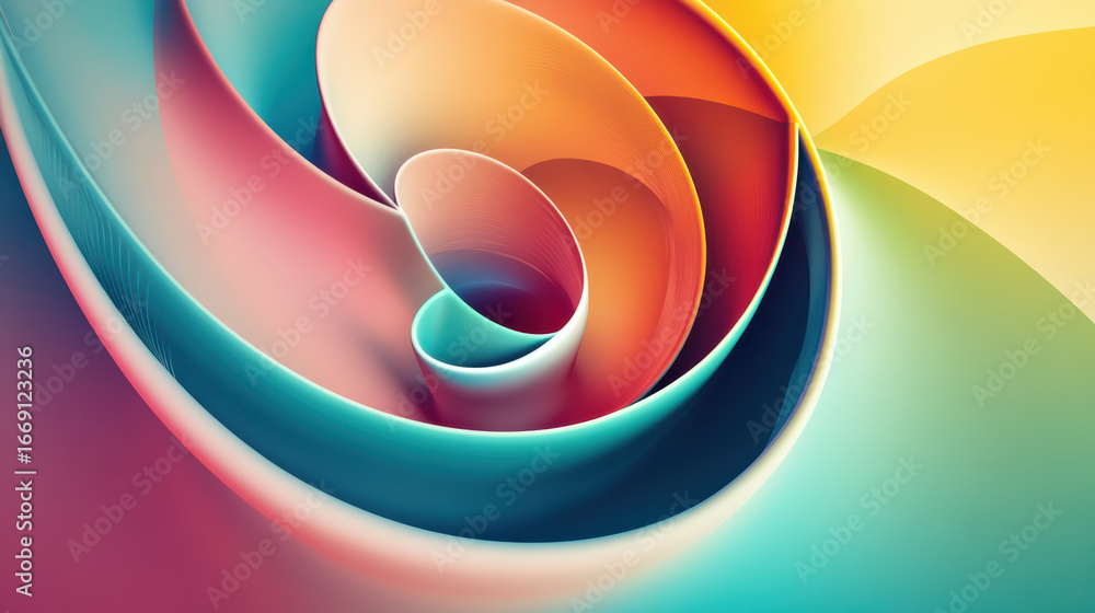 Poster vibrant abstract design featuring swirling shapes and smooth gradients in spectrum of colors, creati