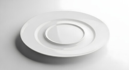A clean, white, modern ceramic plate with a raised inner circle for serving food.