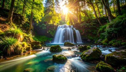 Fototapeta premium Sunlit Waterfall in Lush Forest.