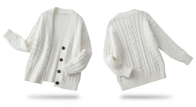 Elegant white knitted cardigan with a cozy and stylish design featuring button details perfect for casual or semi-formal wear in cold weather