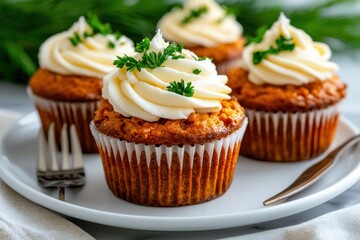 Delicious Gourmet Cupcakes with Creamy Frosting and Fresh Parsley, Close-Up Shot
