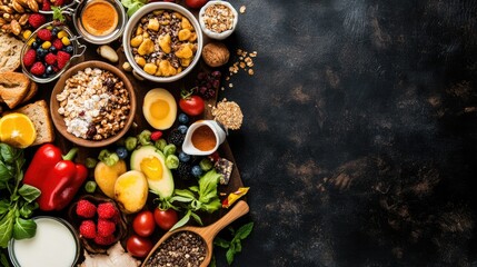 Vibrant Healthy Food Composition: Overhead View of Delicious Ingredients