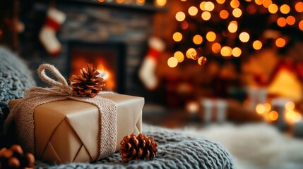 Cozy Christmas Gift with Pinecones, Fireplace, and Warm Bokeh Lights