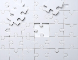 Obraz premium Puzzle Pieces of the Solution: An eye-level shot presents a nearly completed puzzle, with its jigsaw pieces arranged, including two pieces, one is being placed, and one is in the air.