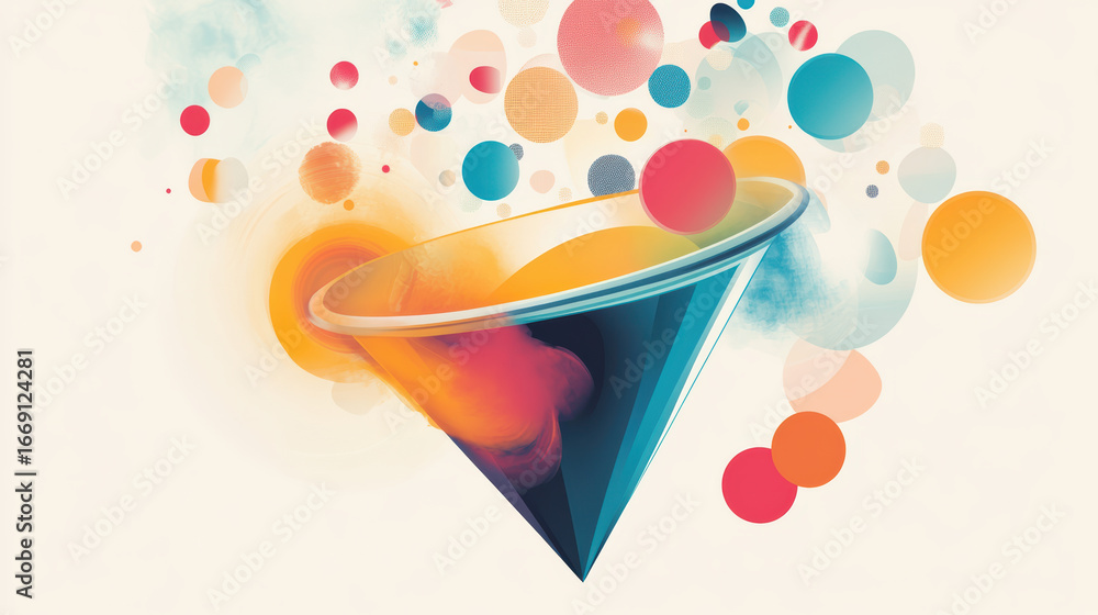 Poster abstract innovation funnel with vibrant colors and circular shapes, representing creativity and idea