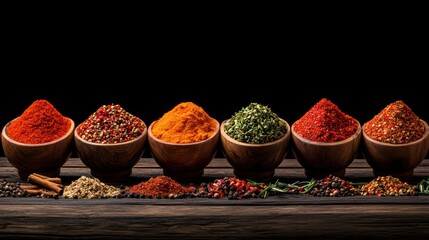 Aromatic Spice Collection: Vibrant Bowls of Spices on Rustic Wood