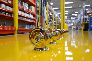 Chrome Dumbbells Aligned on Glossy Yellow Floor in a Warehouse Setting