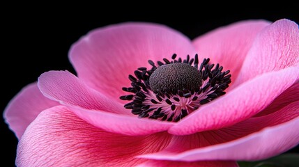 Macro Pink Anemone Flower Against Black Background: Delicate Beauty