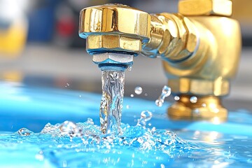 Flowing Water from Golden Faucet: Splashing Drops, Macro Photography, Close-Up