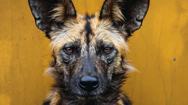 Intimate Gaze of the Painted Wolf: This captivating image of a painted wolf against a striking background, showcasing its distinctive coat patterns and piercing gaze.