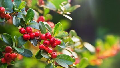 Fototapeta premium bearberry cotoneaster berries bright red berries and green leaves in natural background
