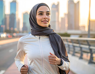 Inspired Exercise: A portrait of a confident woman in hijab jogging in the urban landscape as the city awakens, embracing activity.