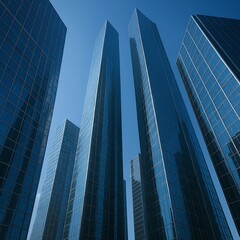 Low angle view of modern glass skyscrapers against a clear blue sky with sharp reflections and towering presence