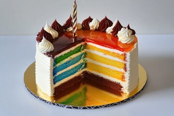 Rainbow Layer Cake with Chocolate and White Frosting, Sliced and Ready to Celebrate