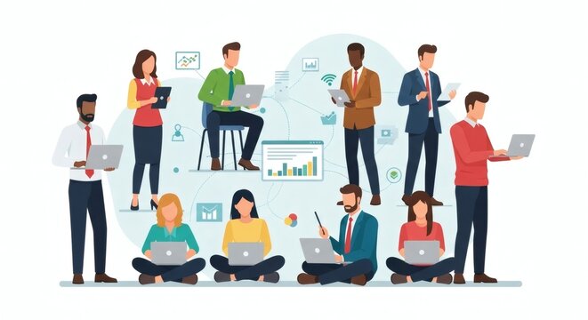 Diverse group of people using technology to connect and collaborate, supported by data analytics for effective communication.