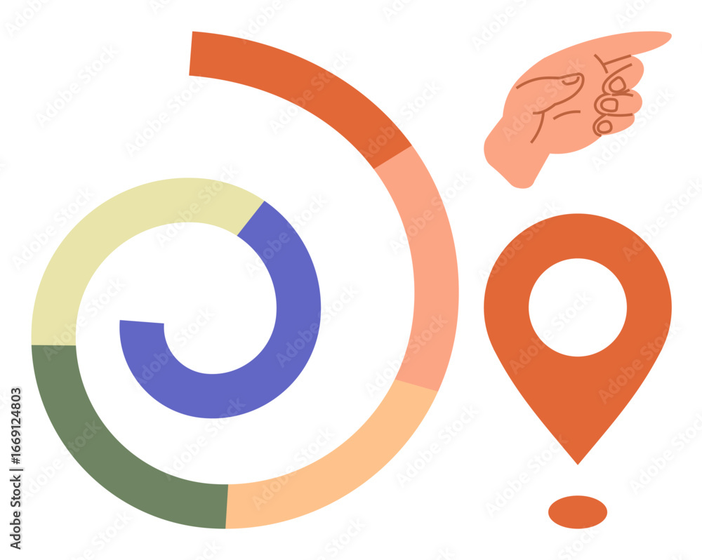 Poster circular graphs with gradient sections, a red location marker, and a pointing hand. ideal for analyt