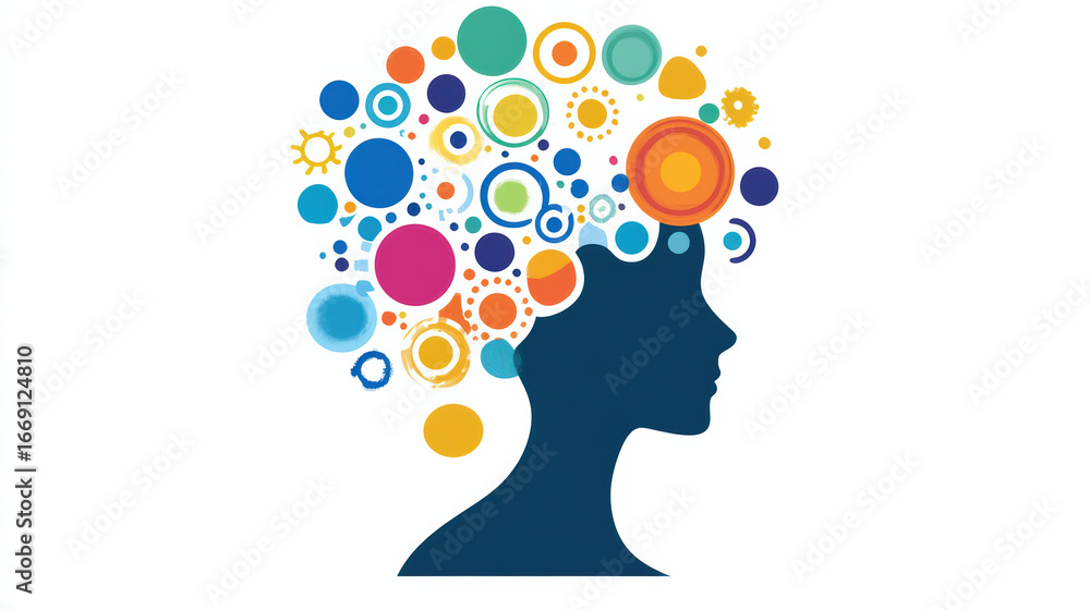 Poster creative brainstorming icon featuring silhouette of person with colorful circular patterns represent