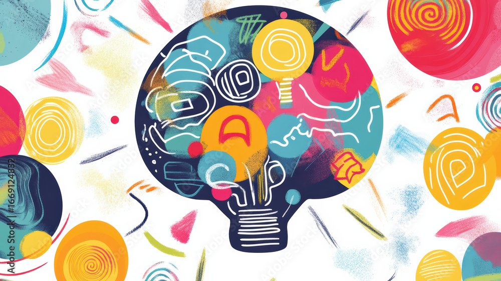 Poster colorful brain illustration featuring abstract patterns and shapes, symbolizing creativity and brain