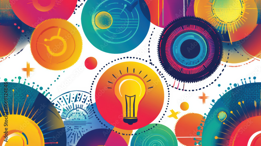 Poster bright and colorful brainstorming icon featuring circular patterns with light bulbs, gears, and abst