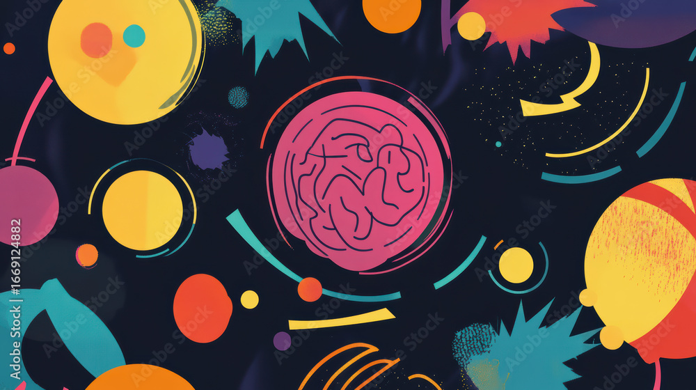 Poster colorful circular patterns create vibrant and dynamic design, featuring central brain illustration s