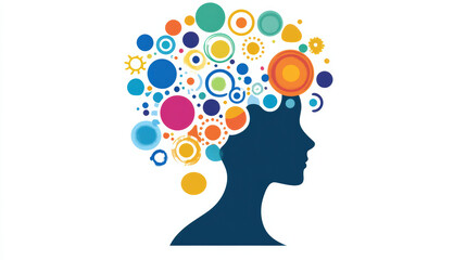Creative brainstorming icon featuring silhouette of person with colorful circular patterns representing ideas and thoughts. This vibrant design symbolizes creativity and innovation