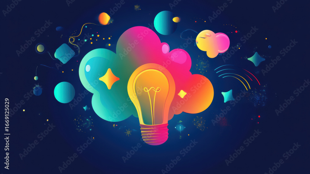 Poster bright and colorful brainstorming icon featuring light bulb surrounded by abstract multi colored ele