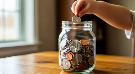 Realistic Family Saving Jar with Coins and Child Hand