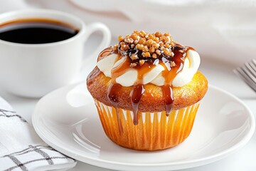 Close-up Caramel-Glazed Cupcake with Coffee, Exquisite Detail