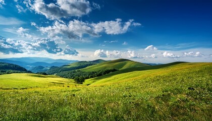 serene rolling hills under a vibrant blue sky with scattered clouds created with ai