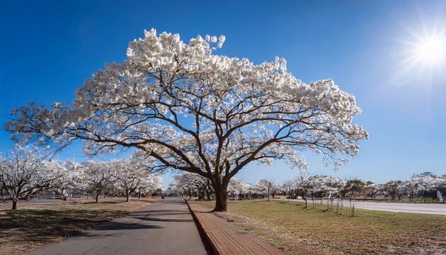 experience the mesmerizing beauty of a blooming white ipe tree where delicate white flowers are illuminated by sunlight against a backdrop of clear blue skies