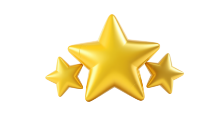 Three Golden Stars with Confetti on White Background, Concept of Rating and Success