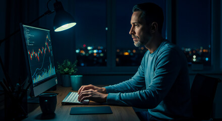 Realistic Man Watching Cryptocurrency Market Chart Rising 