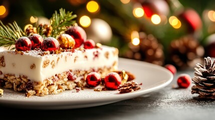 Festive Christmas Dessert: Creamy Slice with Red Ornaments and Bokeh Lights