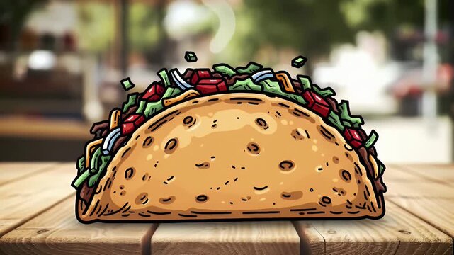 Animated Taco Delightfully Displayed on a Rustic Wooden Table with Blurry Background Accented by Steaming Toppings in a Mouthwatering Culinary Display Perfect for Adobe Stock Photo