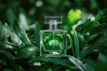 Verdant Essence: A Glass Perfume Bottle Nestled Among Lush Leaves
