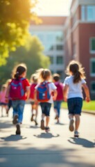 Generative AI depiction of schoolchildren running towards school day.