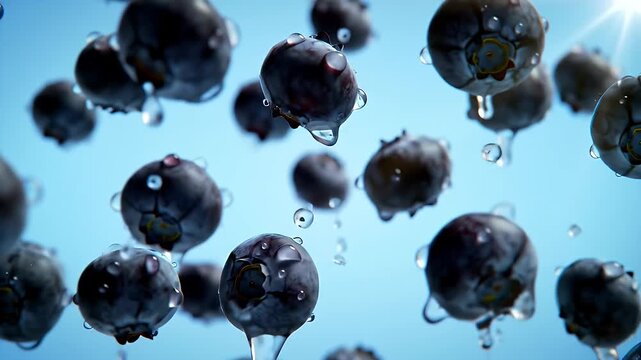 Close Up Fresh Blueberries with Splashing Water in a High Angle Dynamic Composition Showcasing Vibrant Colors Against a Bright Blue Background Perfect for Ads and Food Industry Promotion