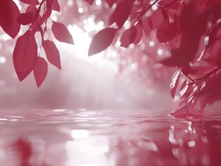 Serene Pink Leaves Over Calm Water Reflection
