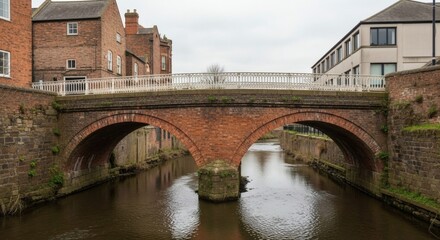 Fototapeta premium Picturesque view of a brick arch bridge gracefully spanning a calm river surrounded by historic buildings on a cloudy day.